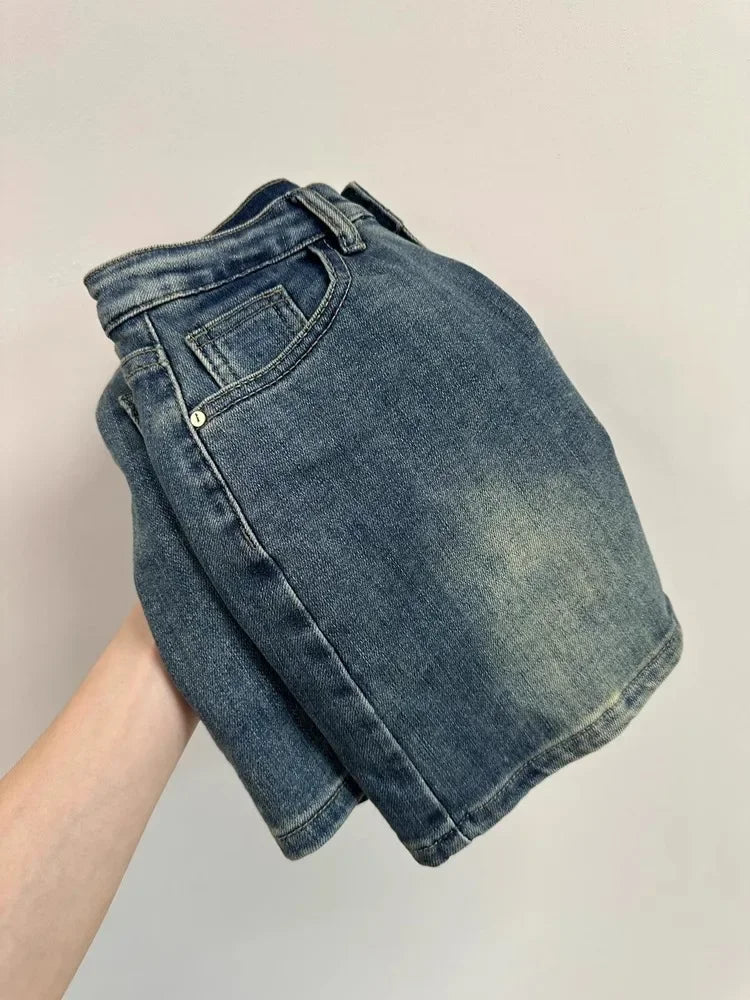 Plus Size Retro Denim Mini Skirt Summer New American Style Hot Girl High Waist Anti-Light Slim A- Line Wrap around Short Skirt