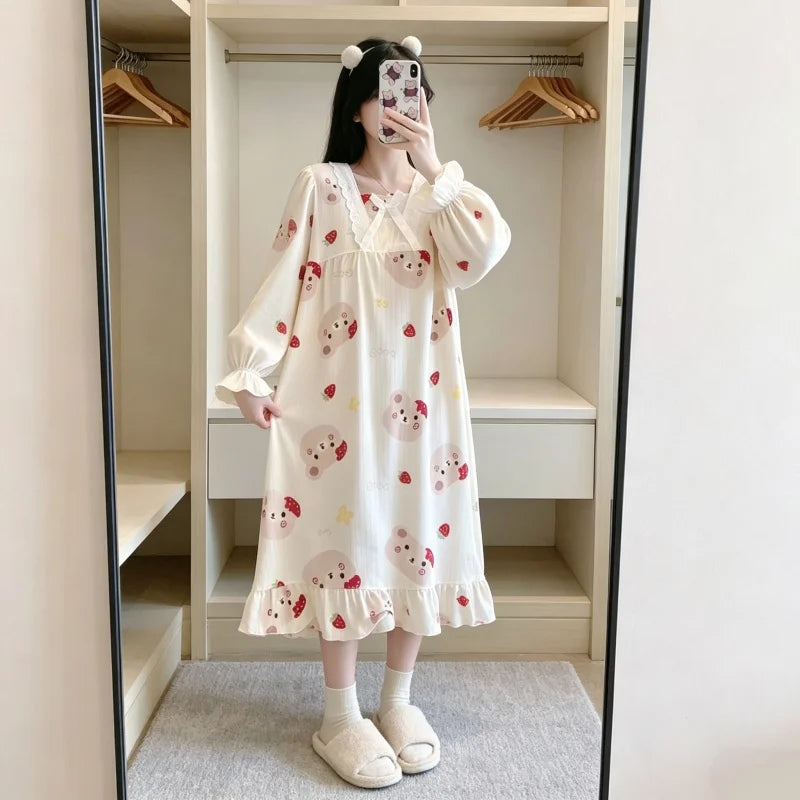Kawaii Bear Strawberry Print Women Pajamas, Long Sleeve Lace Neck Loose Sleep Set, Casual Daily Home Loungewea