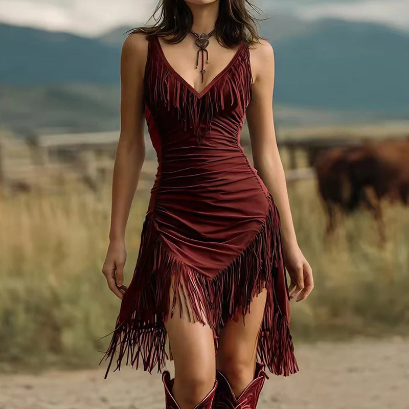 Sleeveless Fashion Elegant Women Summer Holiday Tassel Patchwork Party Solid Simple Mini Ladies Dress
