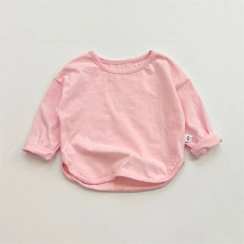 Children Simple Casual Long Sleeves T-shirt Kid Cotton Tops Unique Tees Autumn Spring Boy Girl Baby O-neck Solid Bottoming Shirt