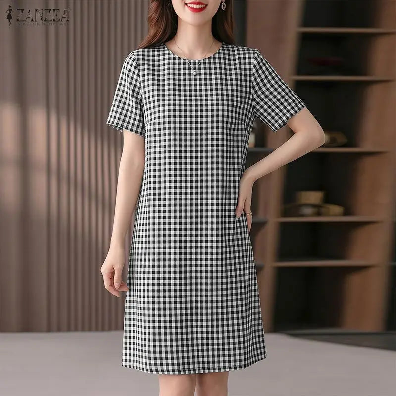 ZANZEA Women's Vintage Gingham Short Sleeves Dresses O-Neck Knee-Length Dress 2026 Summer Daily Casual Commute Robes Femme