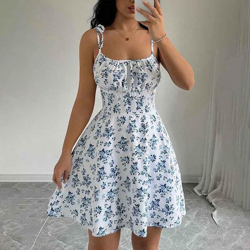 Women Sleeveless Cami Dress Floral Printed Tie Strap Square Neck Ruched Flowy Short Dress for Beach Vacation