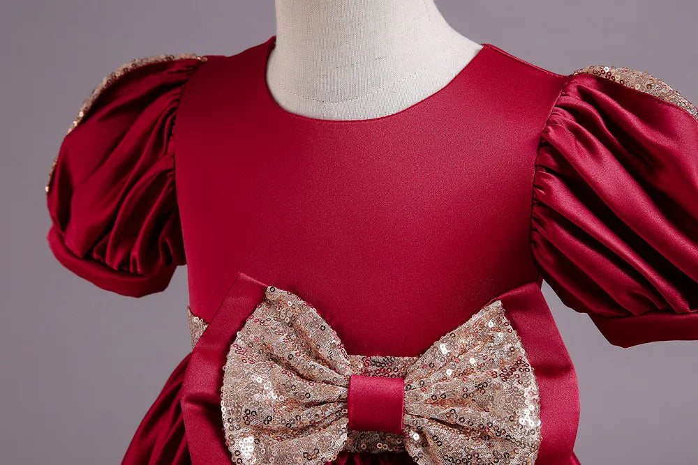 Golden Bow Satin Girls Dress For Weddings Party Children's Pageant Ball Gown Kids Formal Evening Clothing 2-8 10 Years