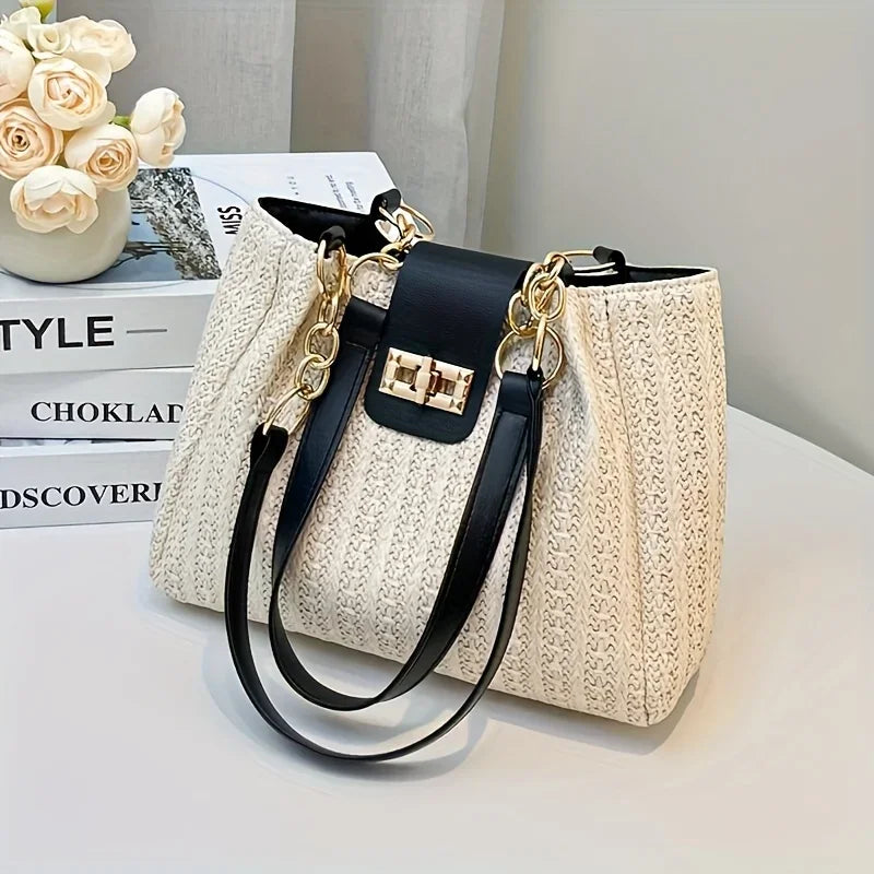 Grass Woven Patchwork Leather Korean Version Shoulder Bag Fashionable Women's Woven Handbag Suitable for Beach Parties Occasion
