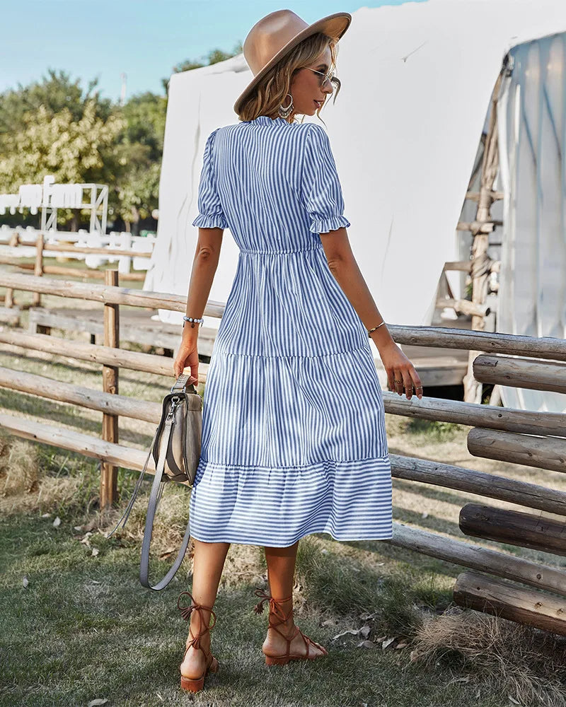 Bohemia Tassel Striped Ruffles Summer Dress Women Elegant V-neck Lantern Sleeve Midi Dress Female Holiday Sundress 2025 New