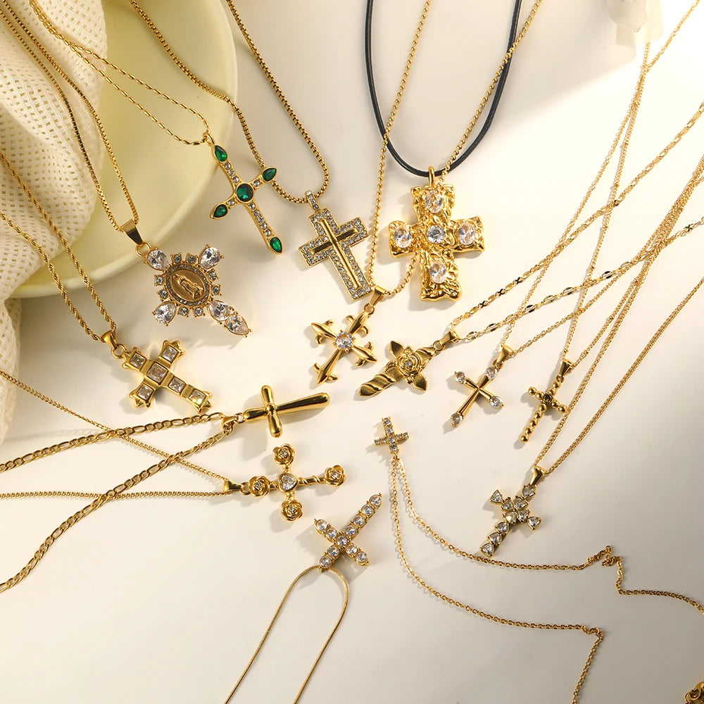 E.B.Belle Fashion Style Luxury Clear Zircon Cross Series Pendant Necklace 18K Gold Plated Stainless Steel Women'S Jewelry