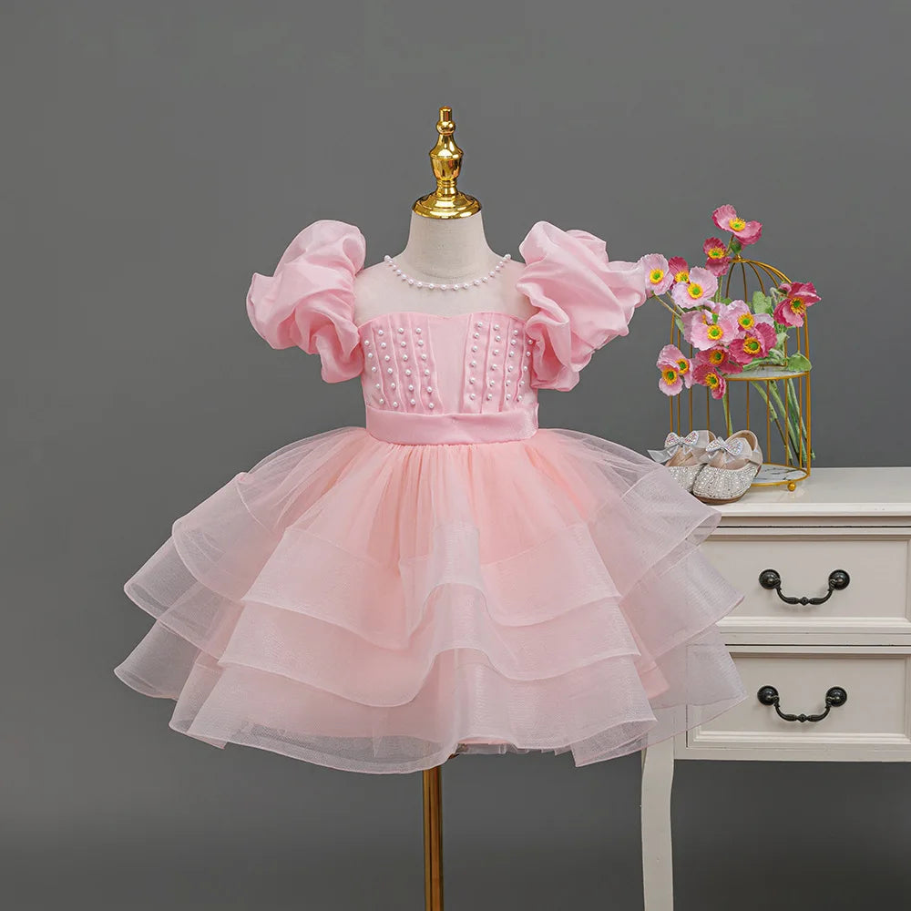 HETISO Girls' Children's Dress Beading Layered Princess Kids Evening Festive Ball Gown Elementary Student Girl Clothes 3-8 Years