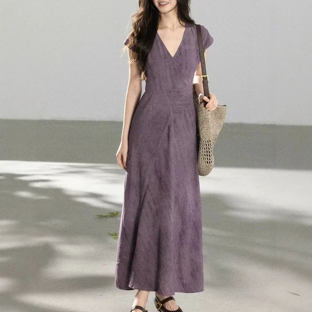 Purple Gradient V-neck Short-sleeved Uneven Hem Dress High Waist Crossed Belt Design Polyester Casual Long Dress