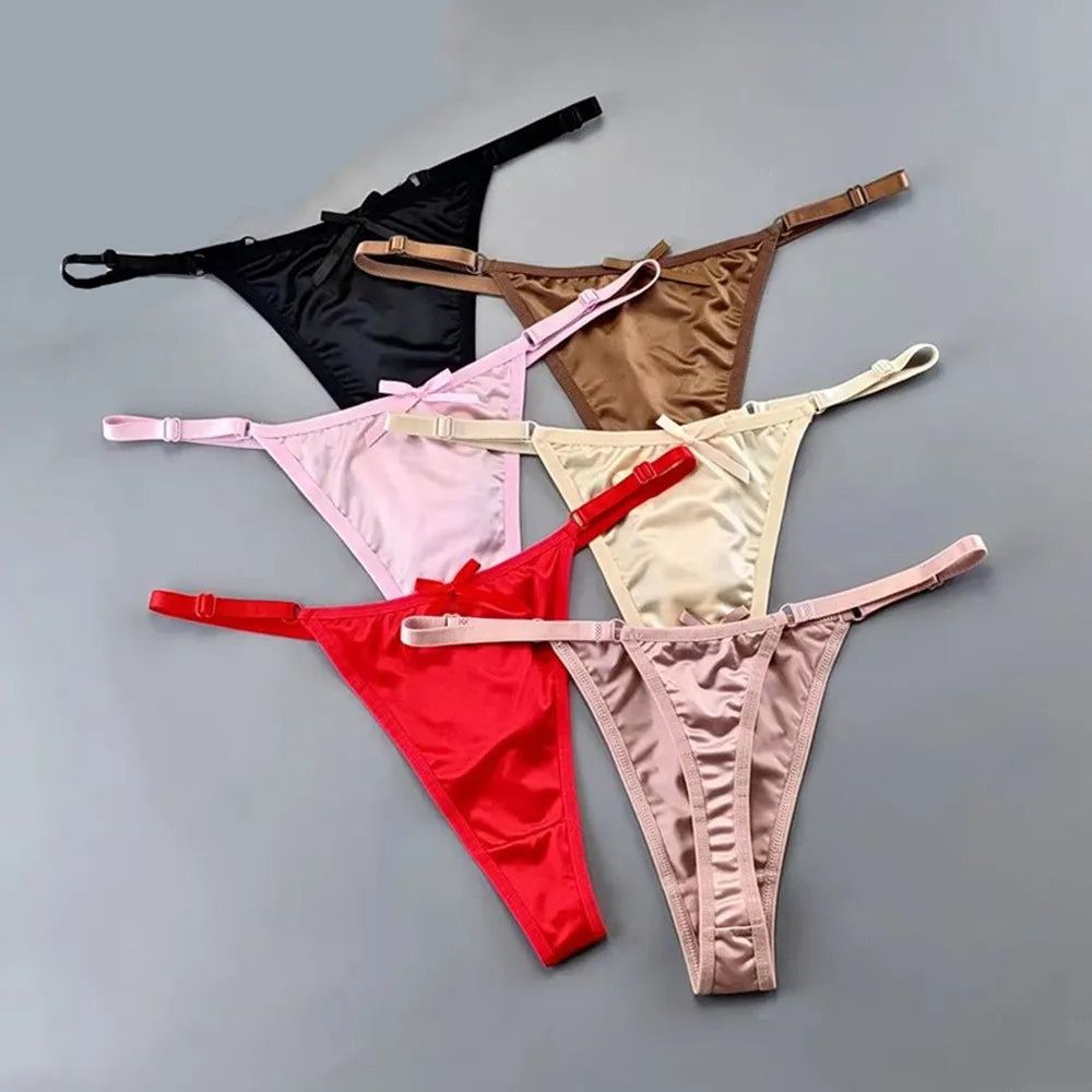 3pcs Sexy Satin Silk Underwear Panties Woman Adjustable Low Waist G Strings Plus Sizes Thong Elastic Waist Culotte Femme