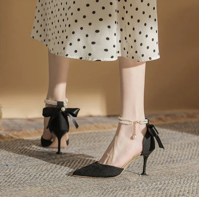 Fashionable high-heeled women's 2025 summer new pearl open-back evening dress stiletto style fairy-tale elegant single shoes