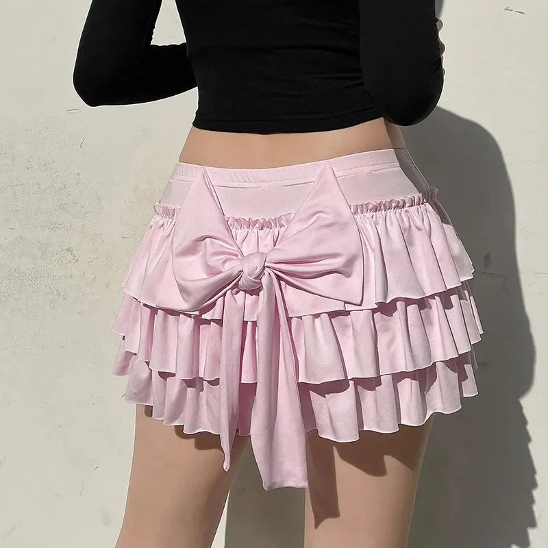 Pink Ruffled Mini Skirt Women Fashion Sexy Bow Pleated Skirt Casual Layered Sweet Preppy Style Summer Hot Skirt.
