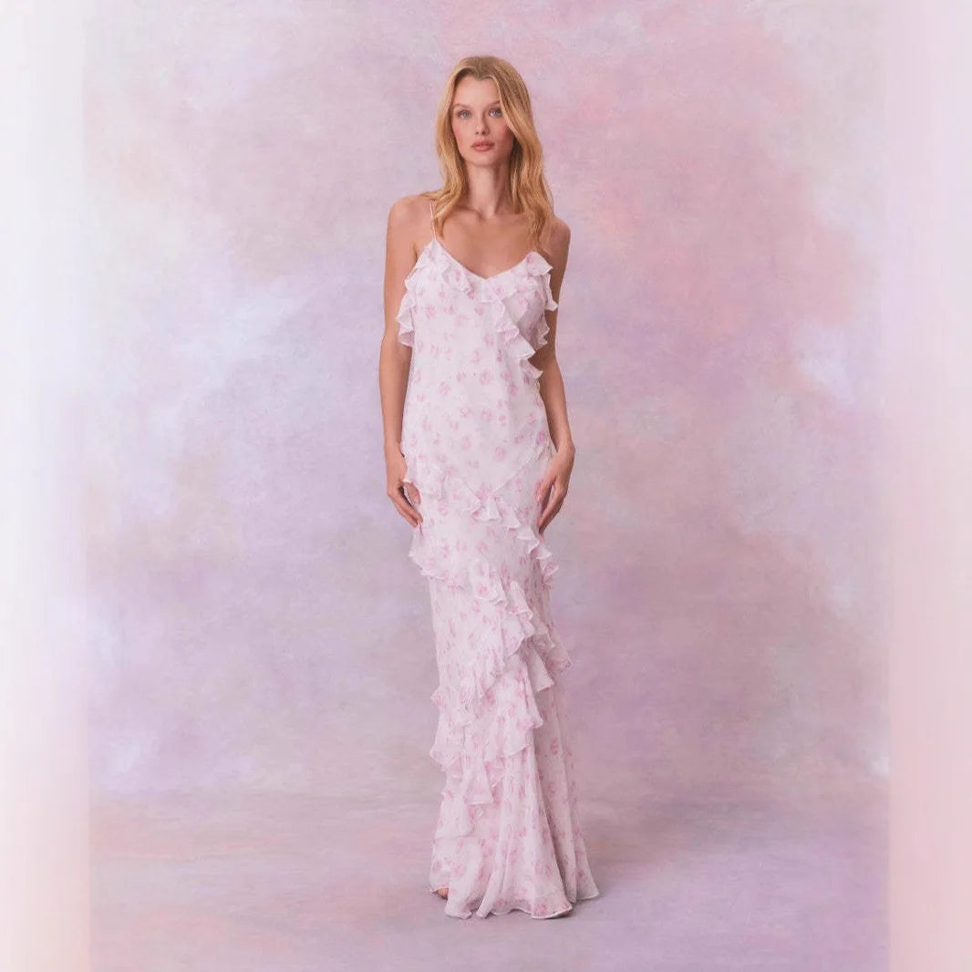 Lotus Leaf Edge French Floral Backless Dress Slim Fit Chiffon Solid Color Holiday Party Birthday Party Long Dress