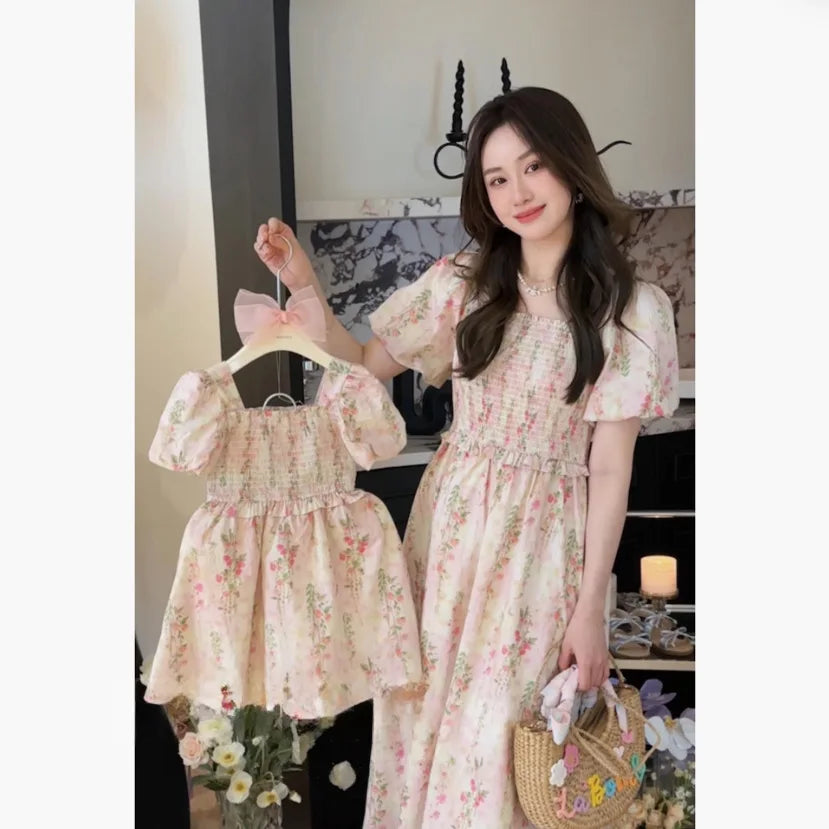 Parent-child Clothing Floral Dress Sweet Cute Children's Clothing Skirt Mother Same Mother-daughter Clothing Bubble Sleeve Skirt