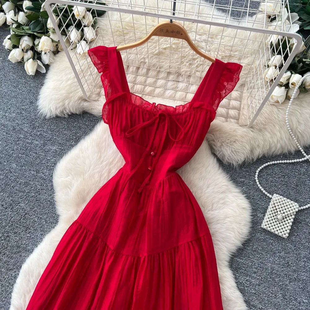 Summer French Sweet Camisole Ruffle Edge Dress for Women New Style with Straps Waist Cinching Vacation Style Dress C579