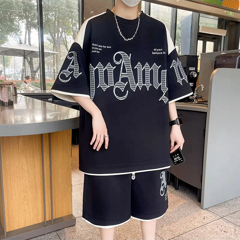Summer Men'S Large Suit S-6Xl New Trendy Two Piece Set Korean High Street Fashion T-Shirt Shorts Tracksuits Designer Clothes Men