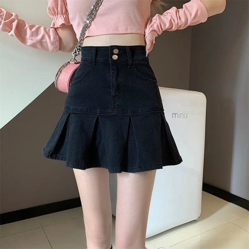 Women's Skirt Denim Pleated Mini High Waist A Line Short Slim Vintage Summer Casual Stylish