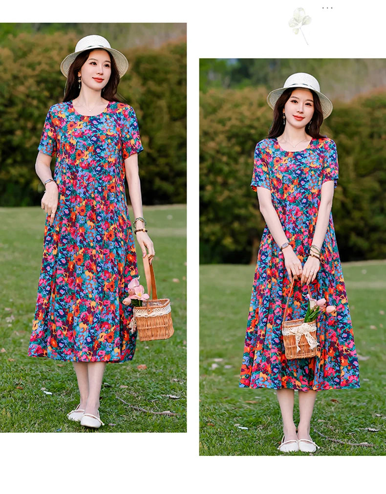 New Print plus size 2026 New Fashion Floral Printed Summer Dress Vestidos Elegant Short Sleeve Slim O-Neck Party Women clothing