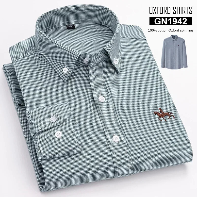 Premium Pure Cotton Oxford Shirt For Men Long Sleeve With Embroidered Horse Design Regular Fit White Dress Shirt