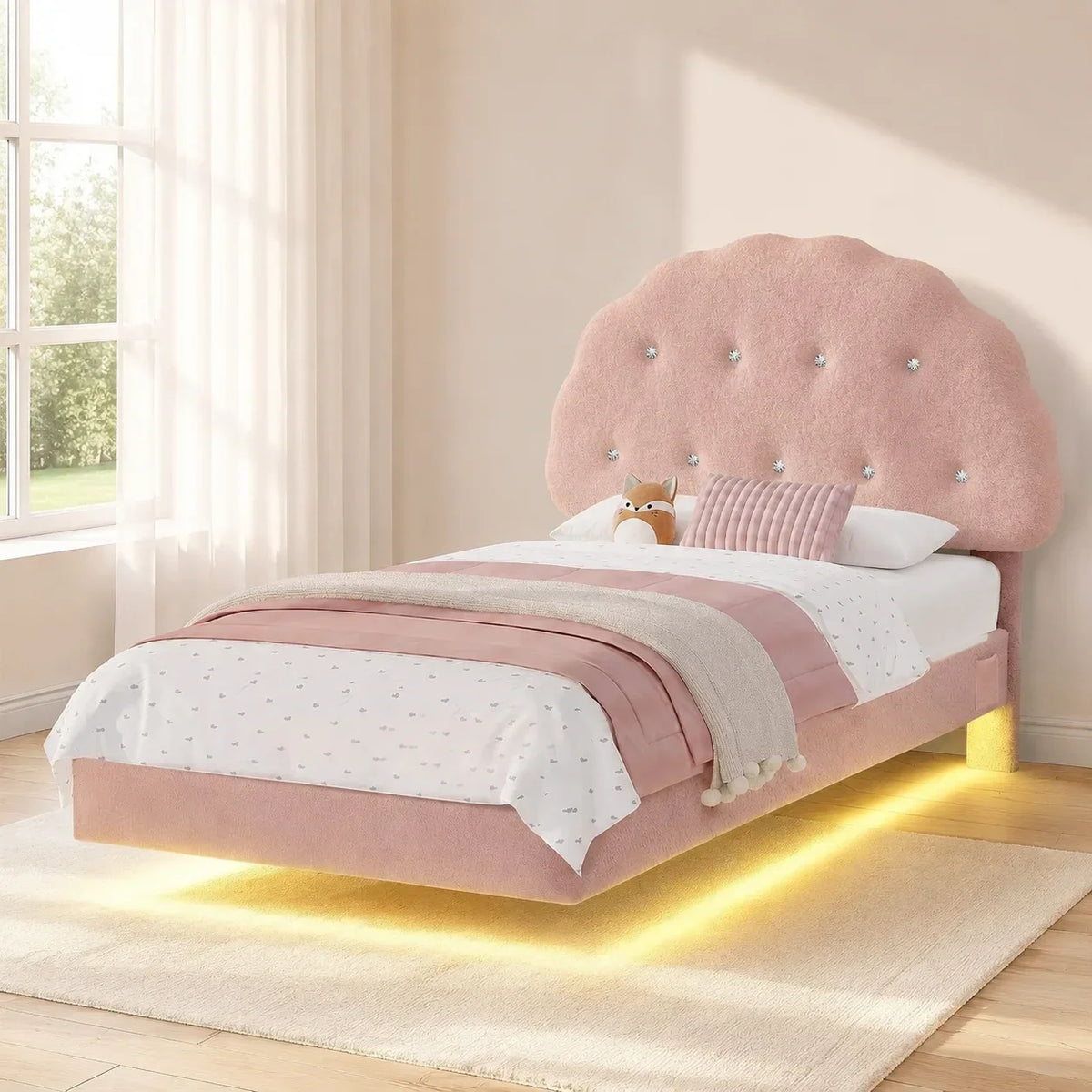 Twin Size Bed Frame with Headboard and LED Lights, Cloud Floating Upholstered Bed Frames with Adjustable Headboard and Raised