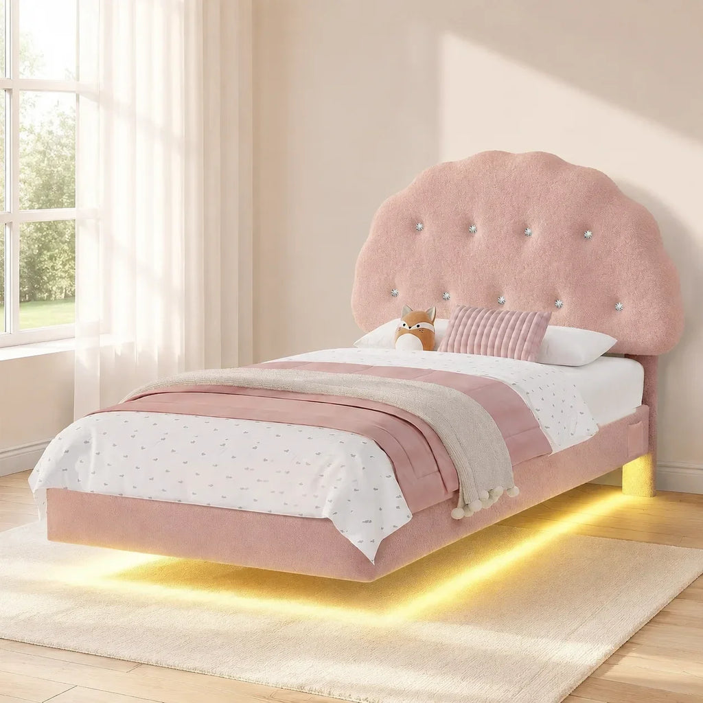 Twin Size Bed Frame with Headboard and LED Lights, Cloud Floating Upholstered Bed Frames with Adjustable Headboard and Raised