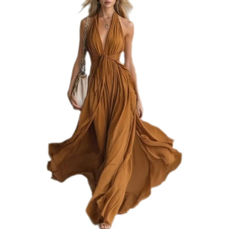 Elegant V-Neck Sleeveless Waist-Cinched Long Dress Summer New Style Pure Color Holiday Vibes Cross-Border Polyester Maxi Dress