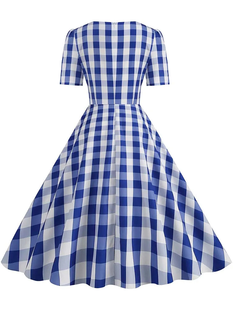Pink Plaid Swing Party Dresses Women Elegant Vintage Square Collar Short Sleeve Casual Summer Dress