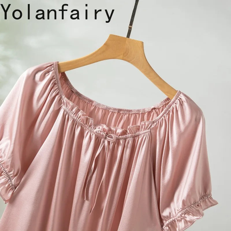 YOLANFAIRY 93% Real Mulberry Silk Pajamas for Woman 2026 Spring Summer High-end Sets Woman 2 Piece Short Sleeve Pijamas De Mujer