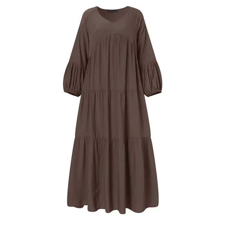 Summer Dress Women's Casual Long Sleeve V Neck Dresses Olive Green Loose Fit Maxi Dress Tiered Skirt A Line Flared Shirt Dress