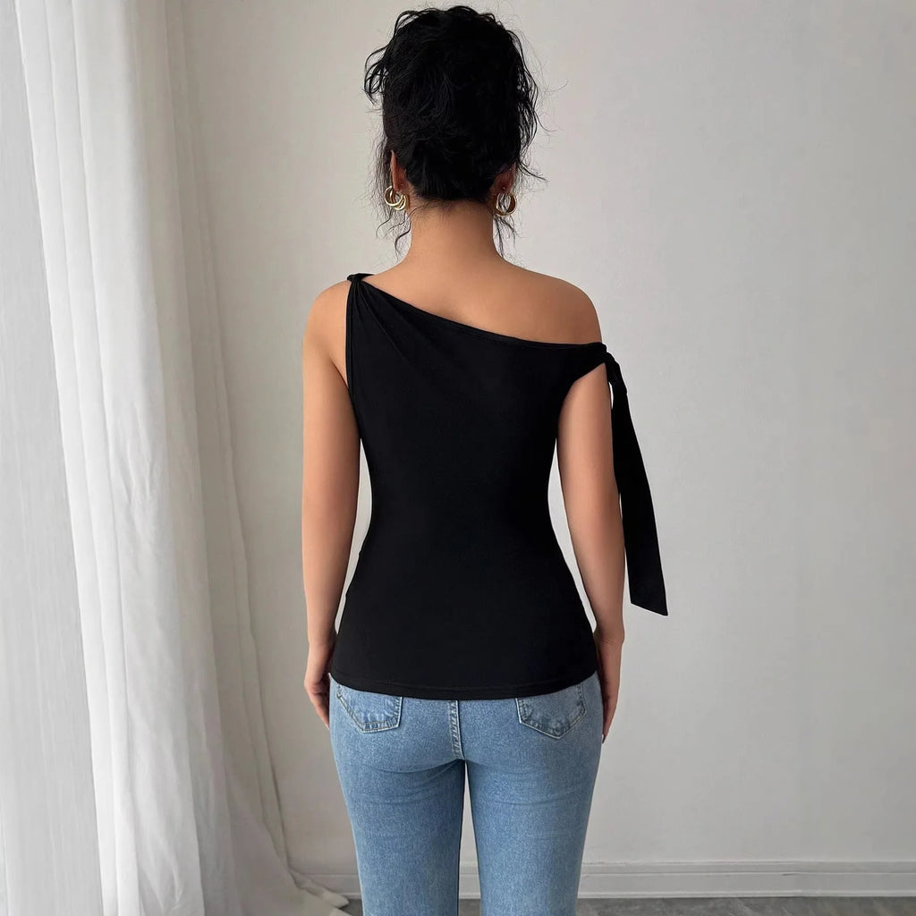 New Women's Elegant Commuter Solid Color Slash Shoulder Kink Lace-Up Slim T-Shirt