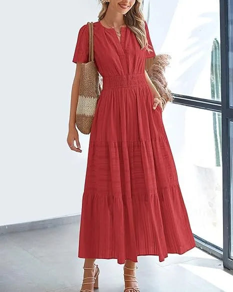 Summer Solid Color V-neck Tight Waist Dress French Style Elegant Pleated Large Swing Long Dress Casual Vacation Style Slimming M