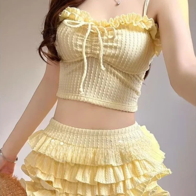 Sweet Sister Two-Piece Swimsuit Female Cake Skirt Slimming Female Polyester Fabric with Chest Pad No Steel Support