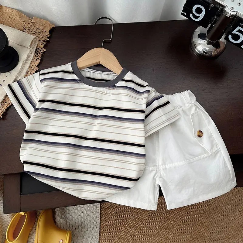 Kids Outdoor Sports Set Boys Girls Summer Short Sleeve T-Shirt Shorts Two-Piece Set Kids' Casual Striped T-Shirt 1-6 Year Set