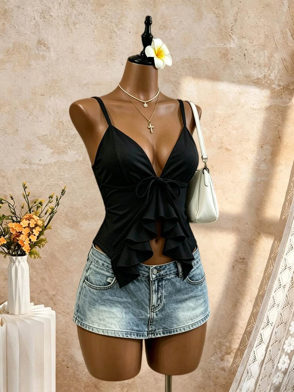Women Thin Spaghetti Strap V Neck Front Big Tie Ruffle Cutout Slim Camisole 2026 Summer Y2K Going Out Streetwear Tank Tops