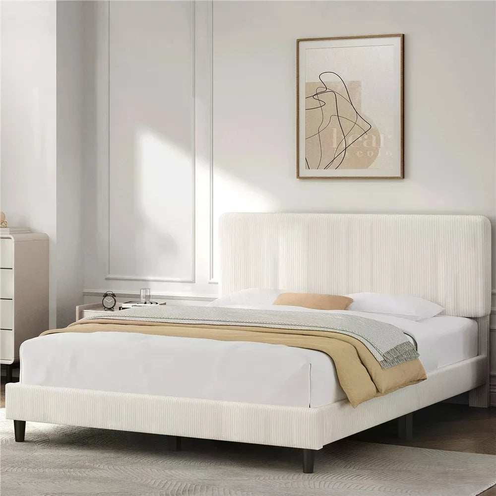 1PC Twin/Full/King Bed Frame With Adjustable Headboard, Mattress Foundation With Wooden Slat Support, Chenille Fabric Upholstered Headboard