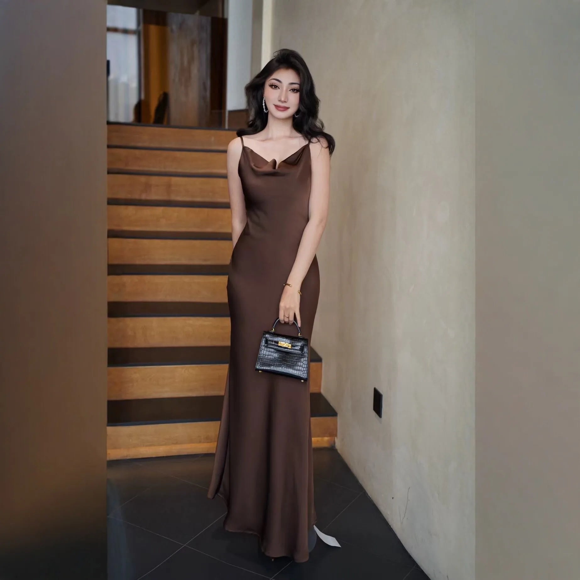 Acetate Satin Long Dress Women's Vacation Gown U-Neck Strapless Luxury Elegant Draped Skirt Three-Dimensional Effect Dyed