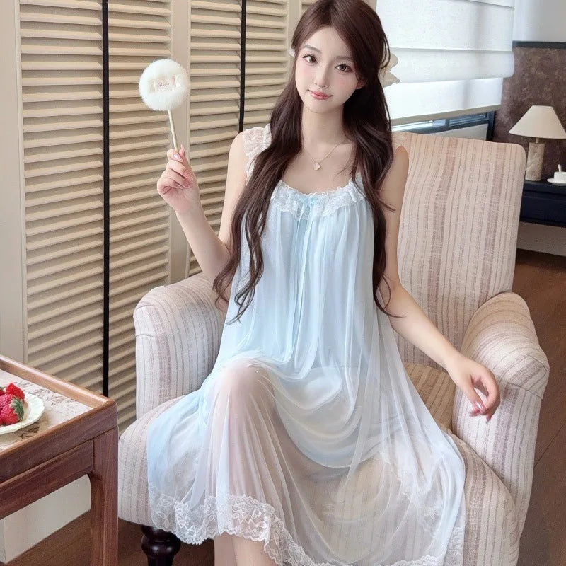 New Lace Sweet Cute Skin Friendly Breathable Comfortable Camisole Nightgown Women Summer Thin Mesh Sleepwear Princess Long Dress
