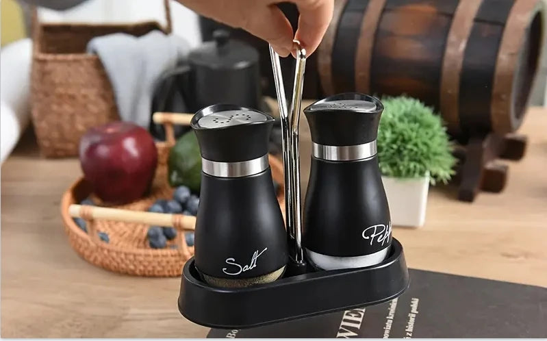 Botella de cristal para especias de cocina, juego de 2 molinillos de sal y pimienta recargables ajustables con estante, dispensador de especias con orificios para verter