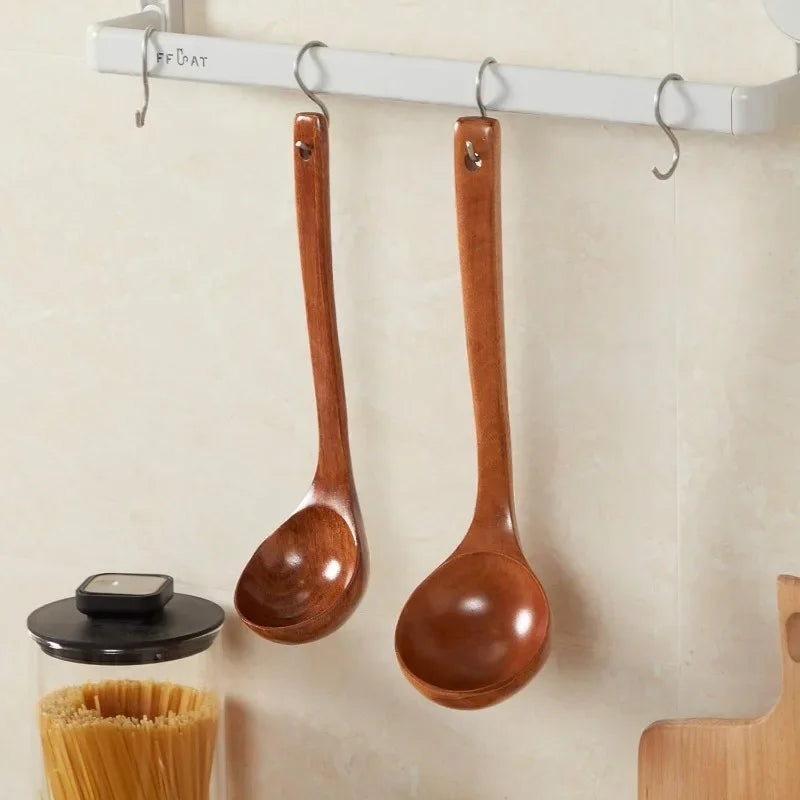Large Wooden Soup Spoons Long Handle Heat-resistant Rice Scoops Portable Hanging Cookware Home Kitchen Restaurant Cooking Tools
