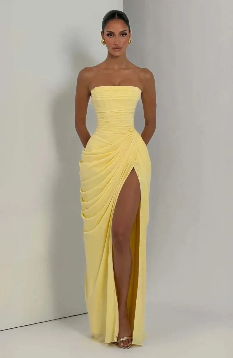 Elegant Strapless Ruched Maxi Dress Sexy Backless Lace Up Cinched Waist Slit Draped Bodycon Dresses Cocktail Party Evening Gown