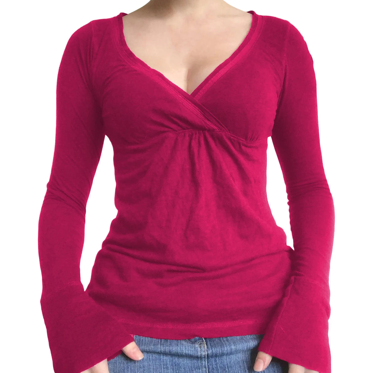Maemukilabe Women's V-Neck Long Sleeve T-Shirt - Vintage Y2k Style