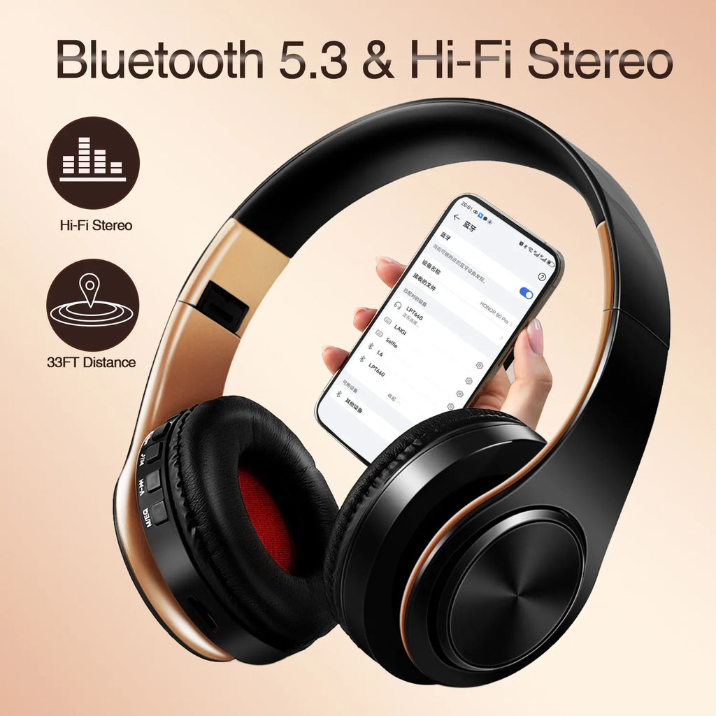 Auriculares inalámbricos dorados para hombre, audífonos estéreo con Bluetooth y micrófono incorporado, universales para Android e iOS