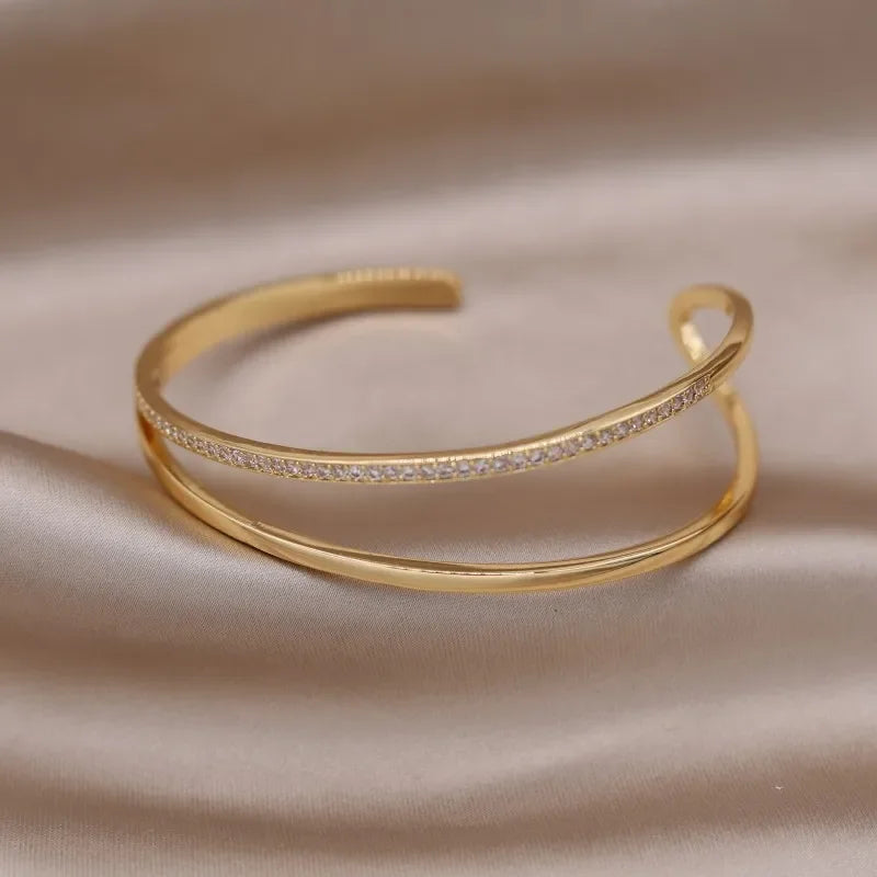 French New Design Zircon Letter X Two Color Plated Opening Bracelet For Elegant Women Daily Wear