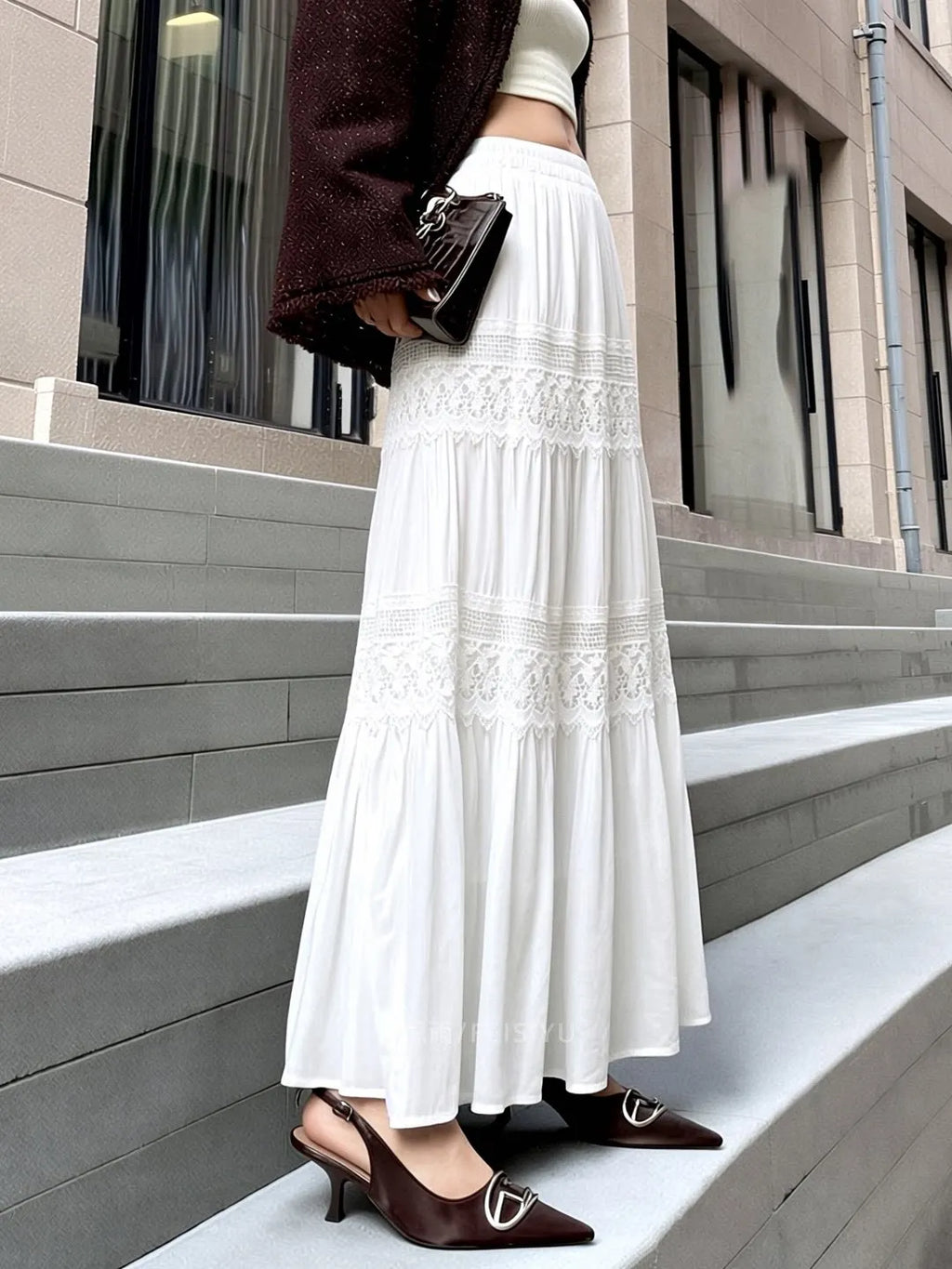 White Double Lace Tiered Maxi Skirt Women Full Elastic Waist Flowy Ruffle A-Line Long Skirt