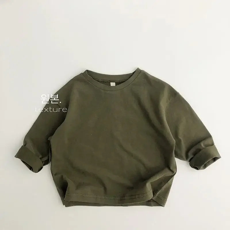 Solid Color Children's Cotton T-Shirt - Unisex O-Neck Long Sleeve