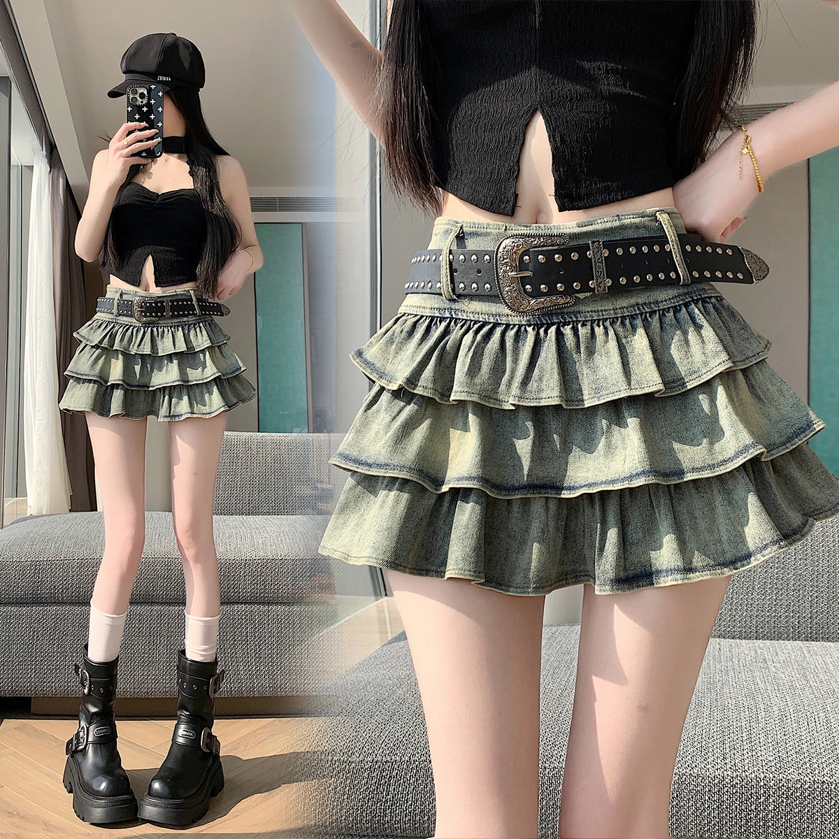New Summer Women Hotsweet Mini Denim Skirt High Waist Vintage Layered Ruffles Short Skirt Tierred Ball Gown Cute Skirt With Belt
