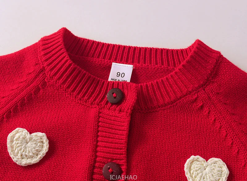 Teen Girl Clothes 2025 Children New Korean Cardigan Girls Knit Jacket Spring Autumn Outfit Style Costume Handmade Heart DIY Kids