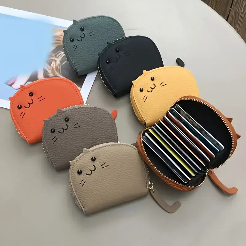 Cartoon Cat Mini Card Wallet Solid Color PU Leather Coin Key Storage Bag Creative ID Card Holder Anti-degaussing Case