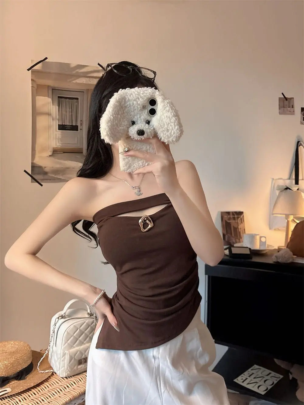 Sexy Slimming Red One-Shoulder Tube Top Women's Summer Fitted Hollow out Chest Pad Korean Style Thin T-Shirt Vest