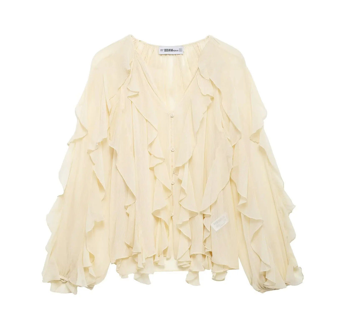 Women Fashion Solid Ruffled Blouse Vintage V-Neck Long Sleeves Female Chic Lady Shirts