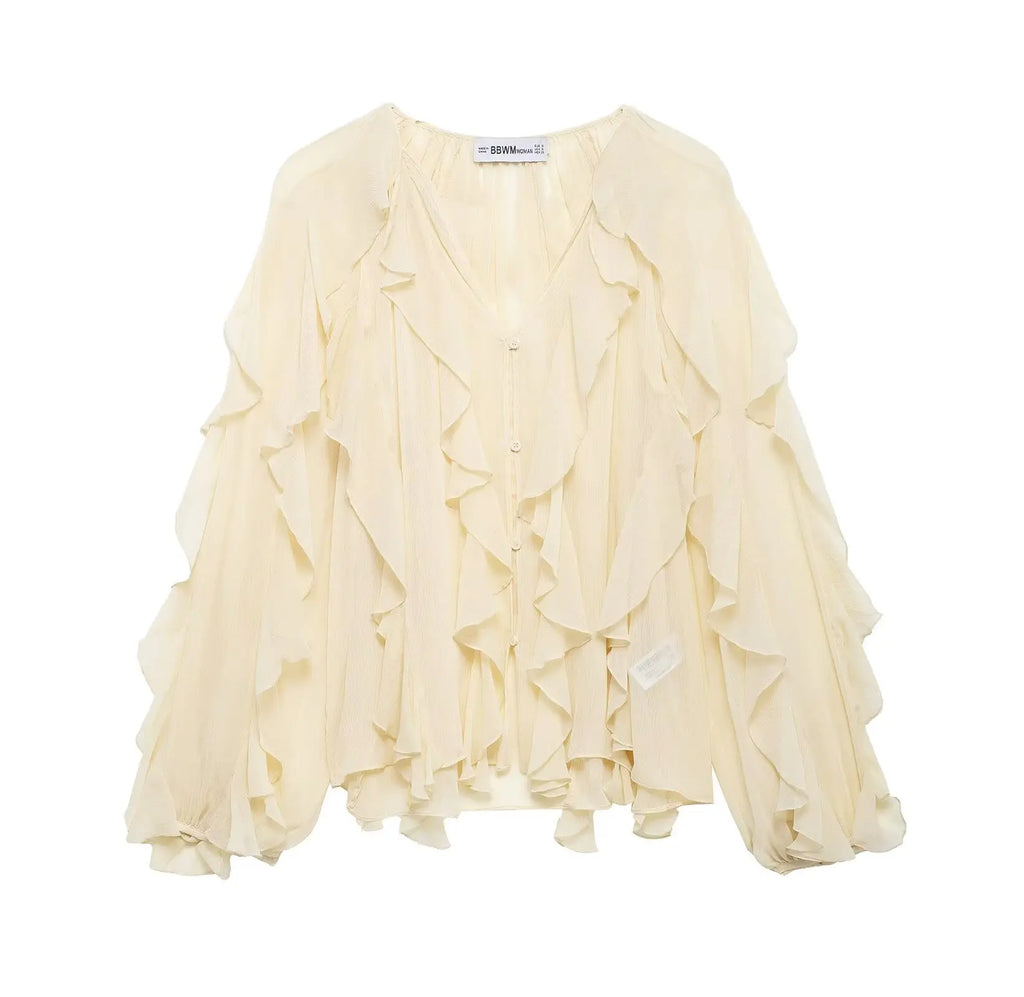 Women Fashion Solid Ruffled Blouse Vintage V-Neck Long Sleeves Female Chic Lady Shirts